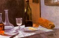 Bodegón con botella garrafa pan y vino Claude Monet